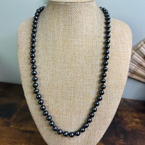 Black Glass Pearl Necklace Hand Knotted Vintage Dark Feminine 24 Inch